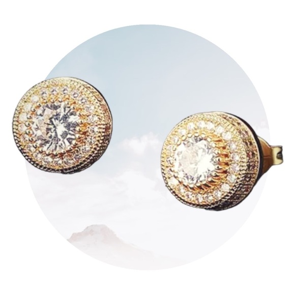 NEW 18K Gold-Plated Steel Micro Pavé Rhinestone Halo Stud Earrings Unisex - Picture 13 of 13